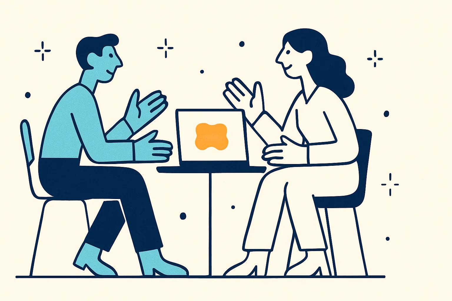 Dos personas en una conversación de consultoría uno a uno; una forma naranja en la laptop como único foco